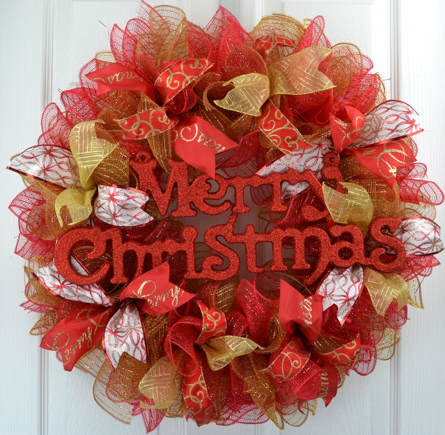 Red and Gold Mesh Christmas Front Door Wreath
