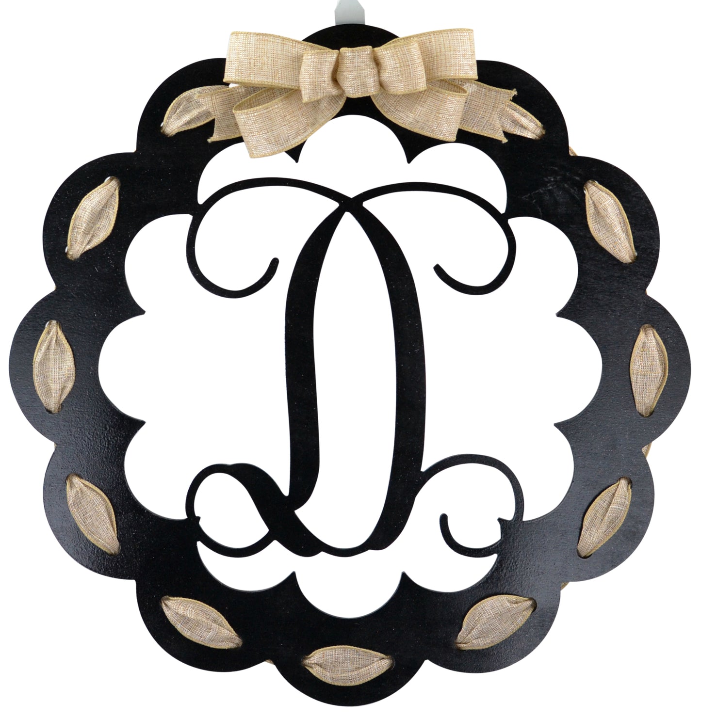 Letter D : Black and Burlap Scalloped Monogram door hanger