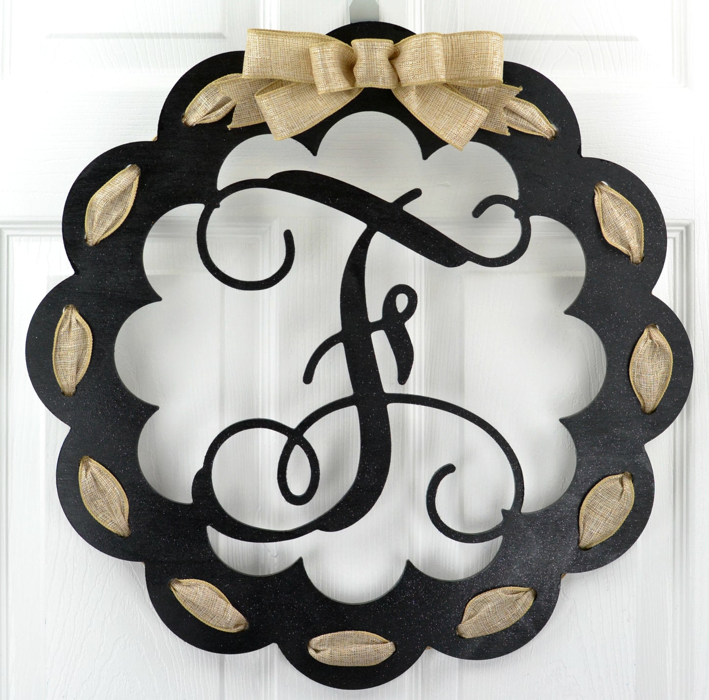 Letter F : Black and Burlap Scalloped Monogram door hanger