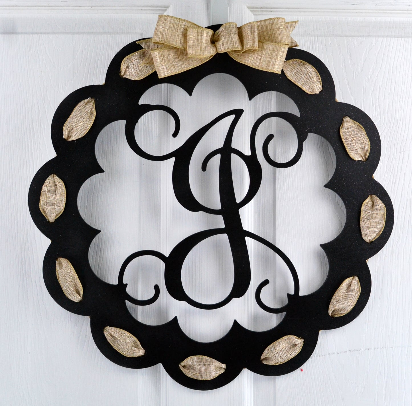 Letter J : Black and Burlap Scalloped Monogram door hanger