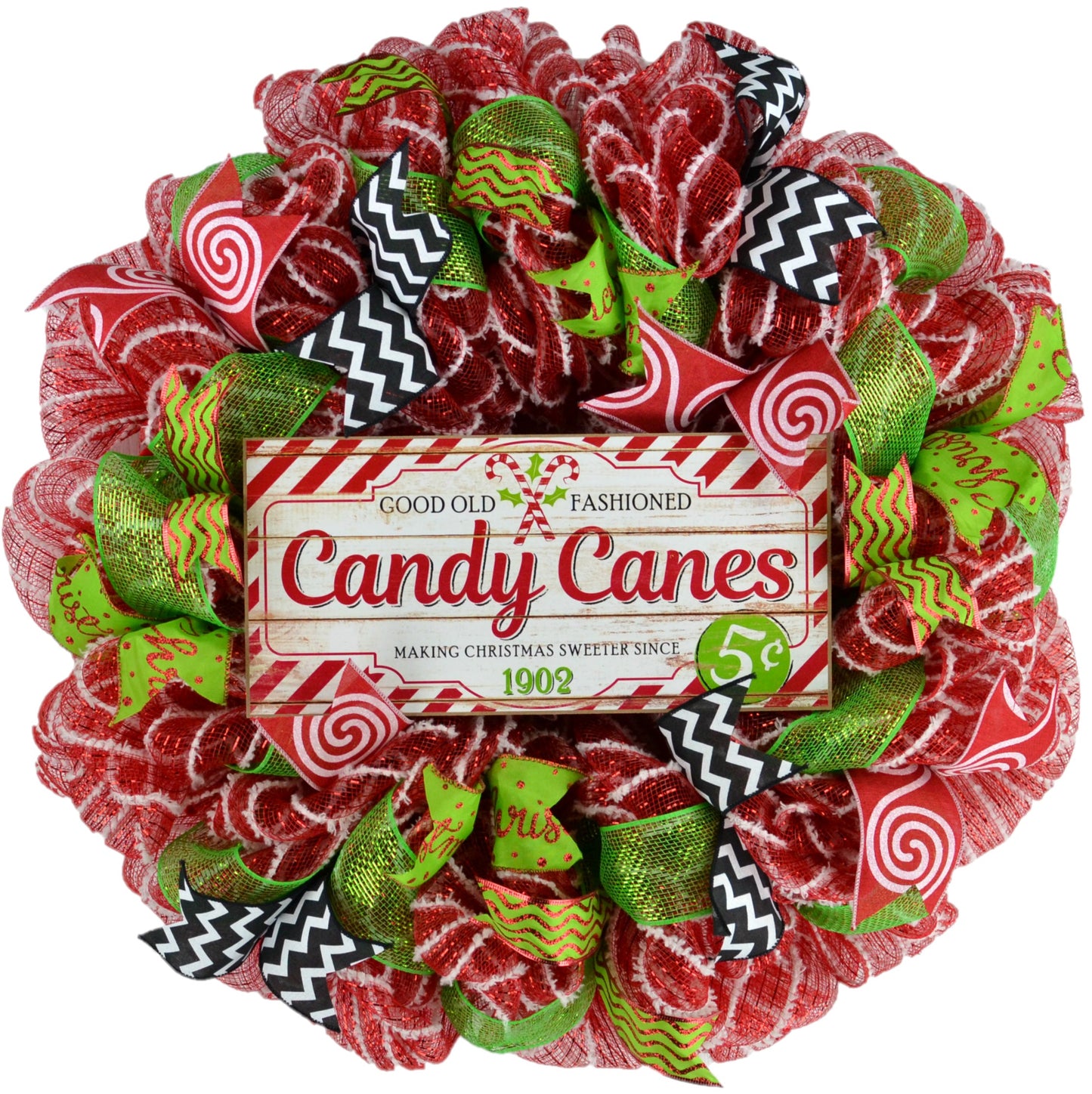 Peppermint Christmas Wreath - Holiday Front Door Decor - Candy Cane Red White Lime Green Black Mesh Decoration