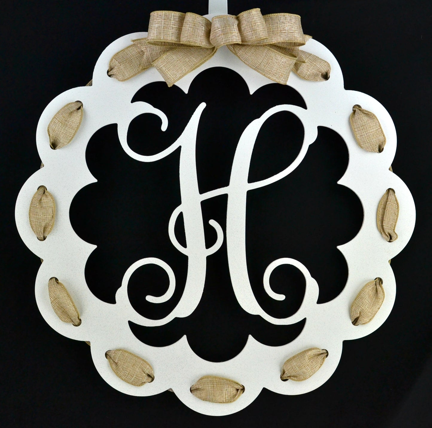 Letter H : White and Burlap Scalloped Monogram door hanger