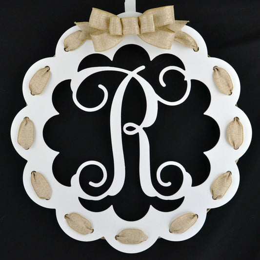 White and Burlap Scalloped Monogram door hanger