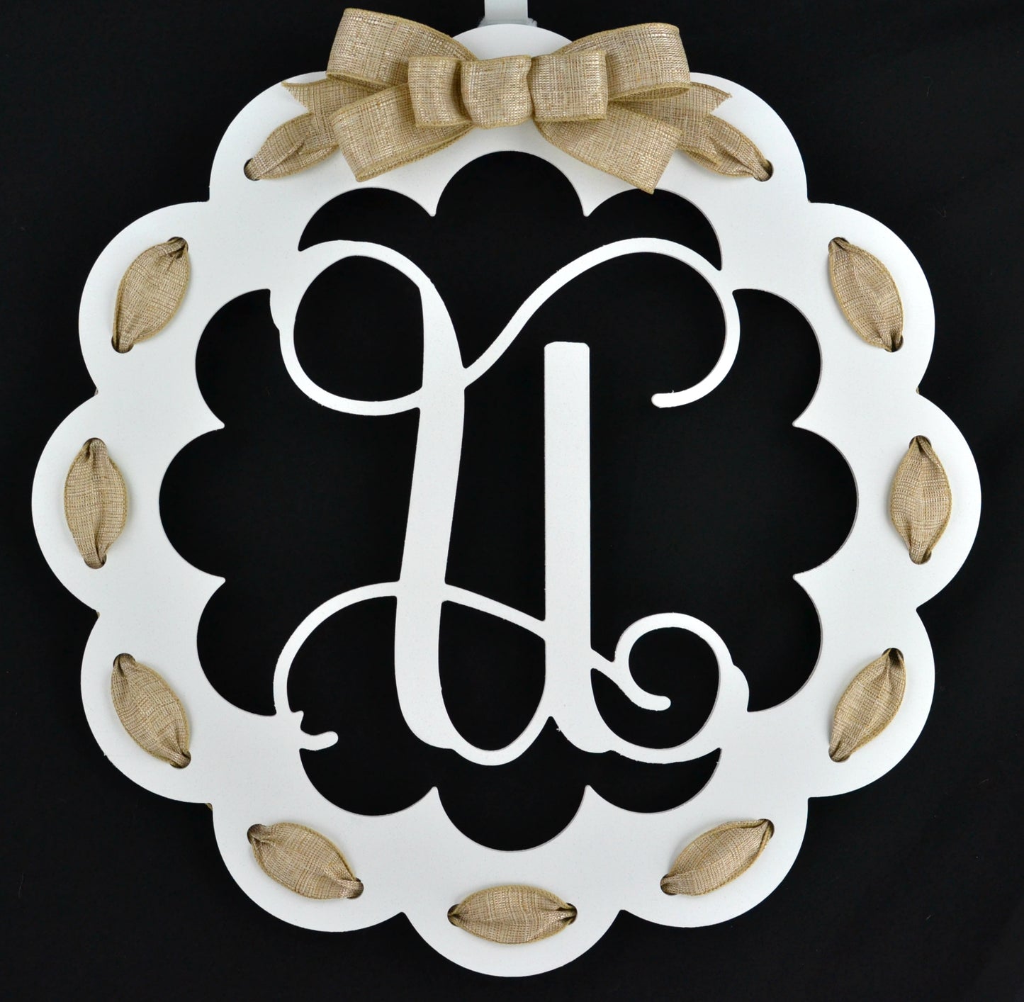 Letter U : White and Burlap Scalloped Monogram door hanger