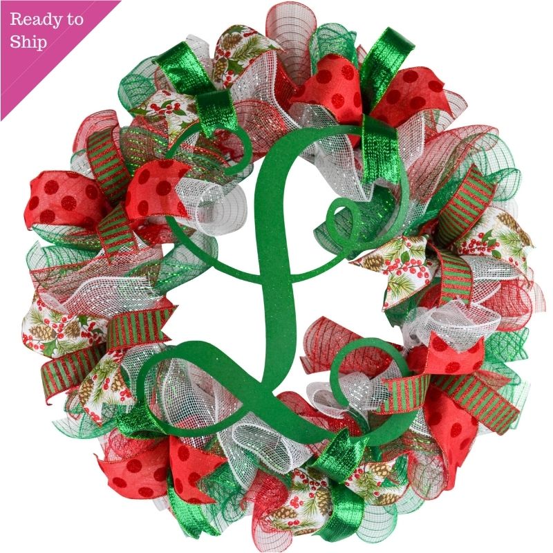 Christmas Wreath | Holiday Mesh Front Door Wreath | Red White Emerald Green
