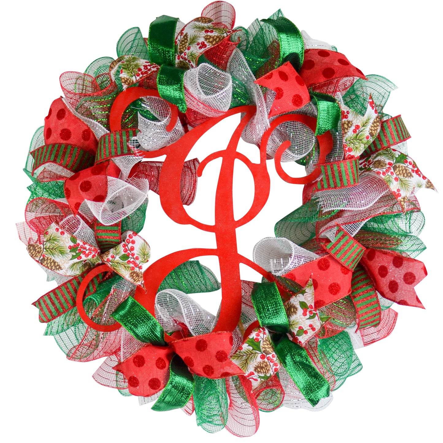 Christmas Wreath | Holiday Mesh Front Door Wreath | Red White Emerald Green