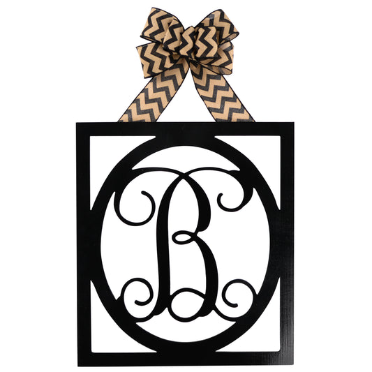 Black and Burlap Framed Monogram door hanger