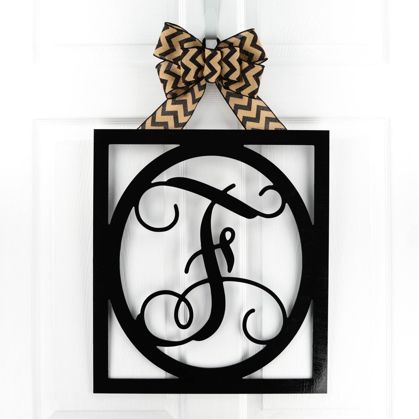 Letter F : Black and Burlap Framed Monogram door hanger