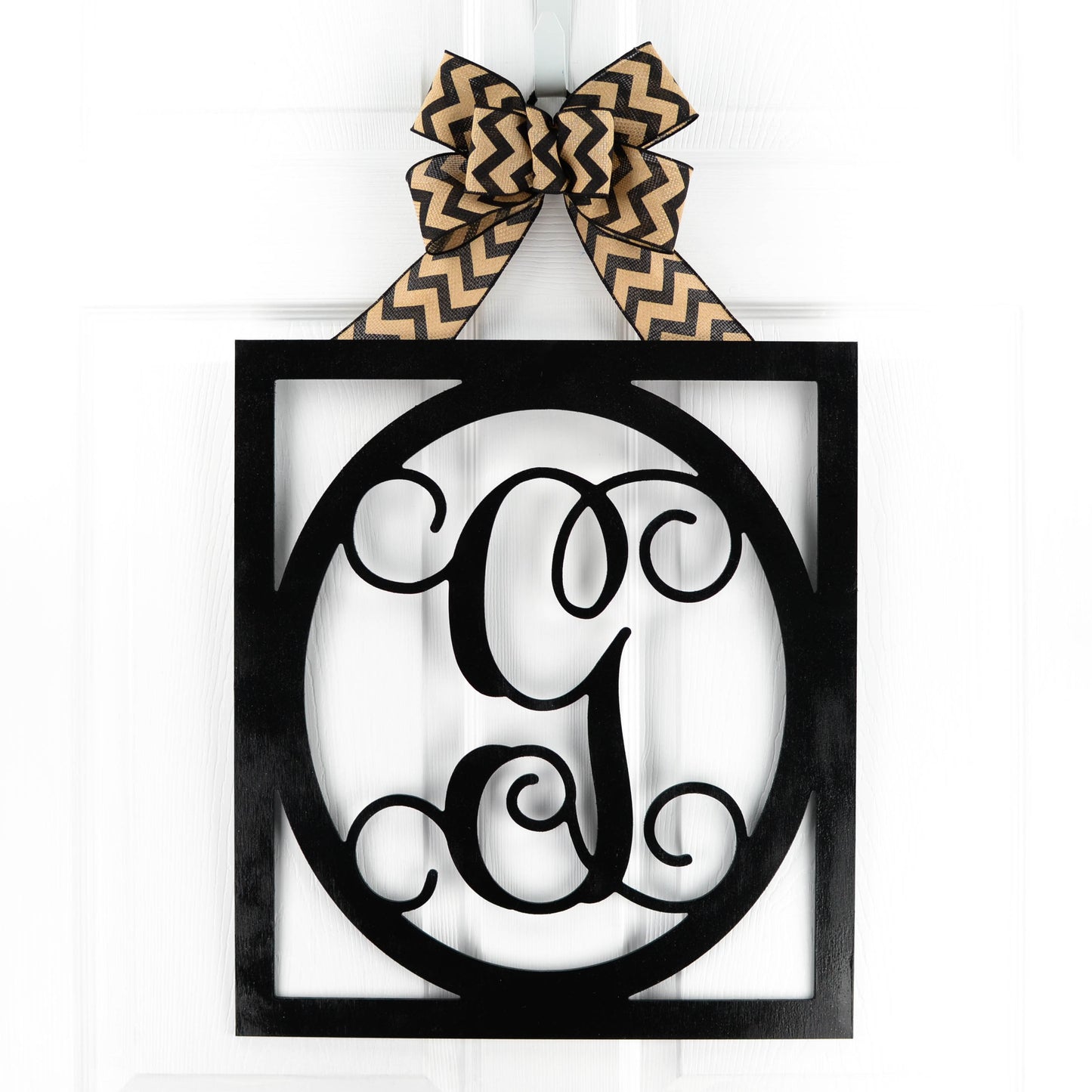 Letter G : Black and Burlap Framed Monogram door hanger