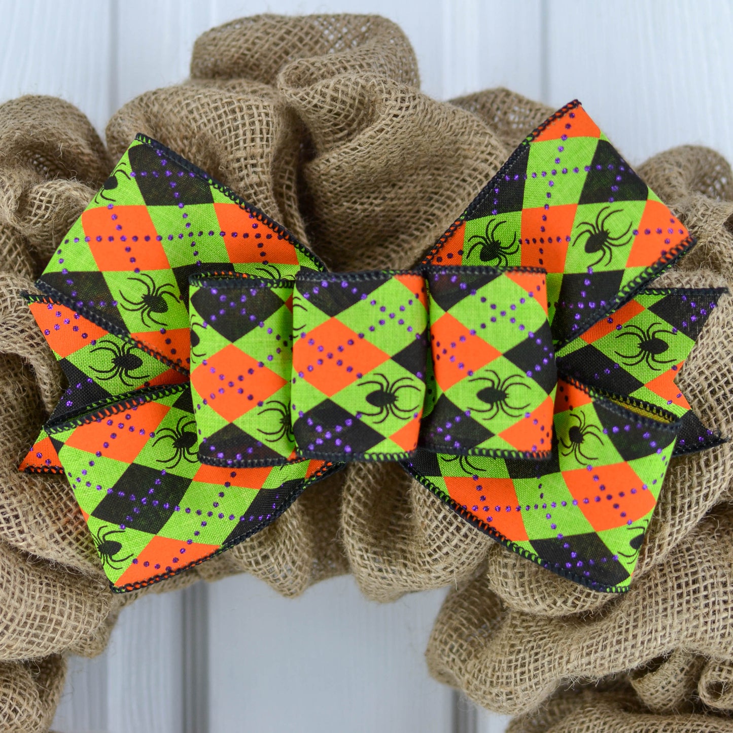 Halloween Spider Argyle Wreath Bow - Orange Green Black Burlap Wreath Embellishment for Making Your Own