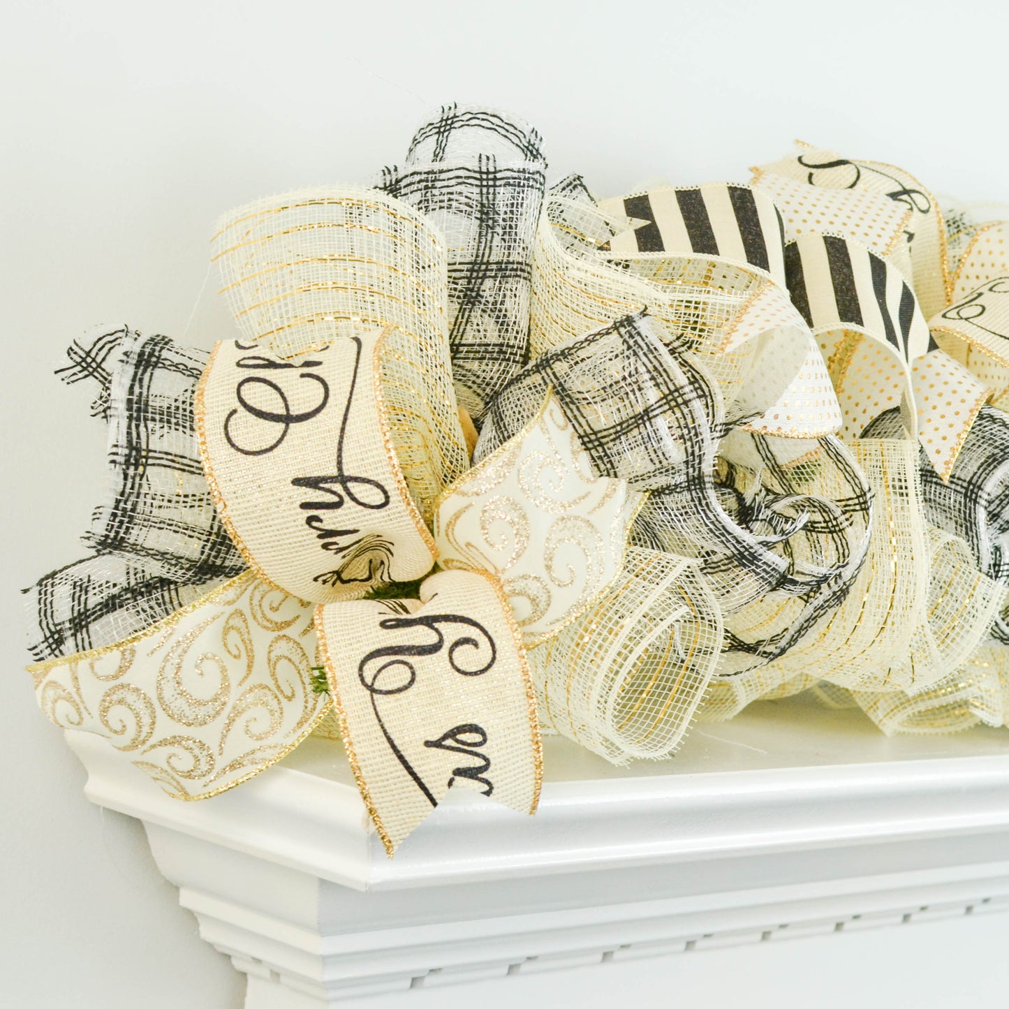 Black Ivory Gold Christmas Garland for Staircase or Mantle - Mantel Decor - Cream Shimmer Metallic