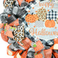 Cheetah Print Pumpkin Halloween Wreath - Beautiful Front Door Mesh Wreath - Black Orange White Decorations