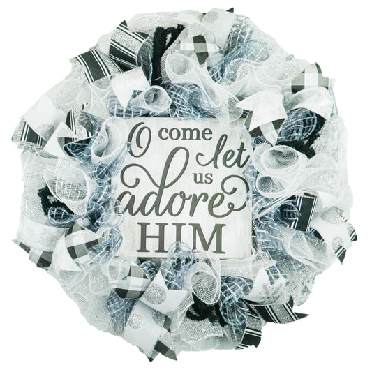 O Come Let Us Adore Him Wreath - Christmas Church Christian Religious Front Door Wreath - Black White Grey Silver