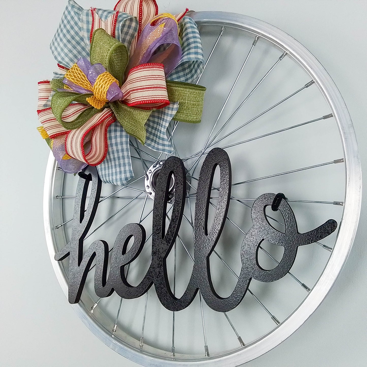 Farmhouse Bike Rim Door Hanger - Farmhouse Round Front Porch Decor - Fun Decorations for door