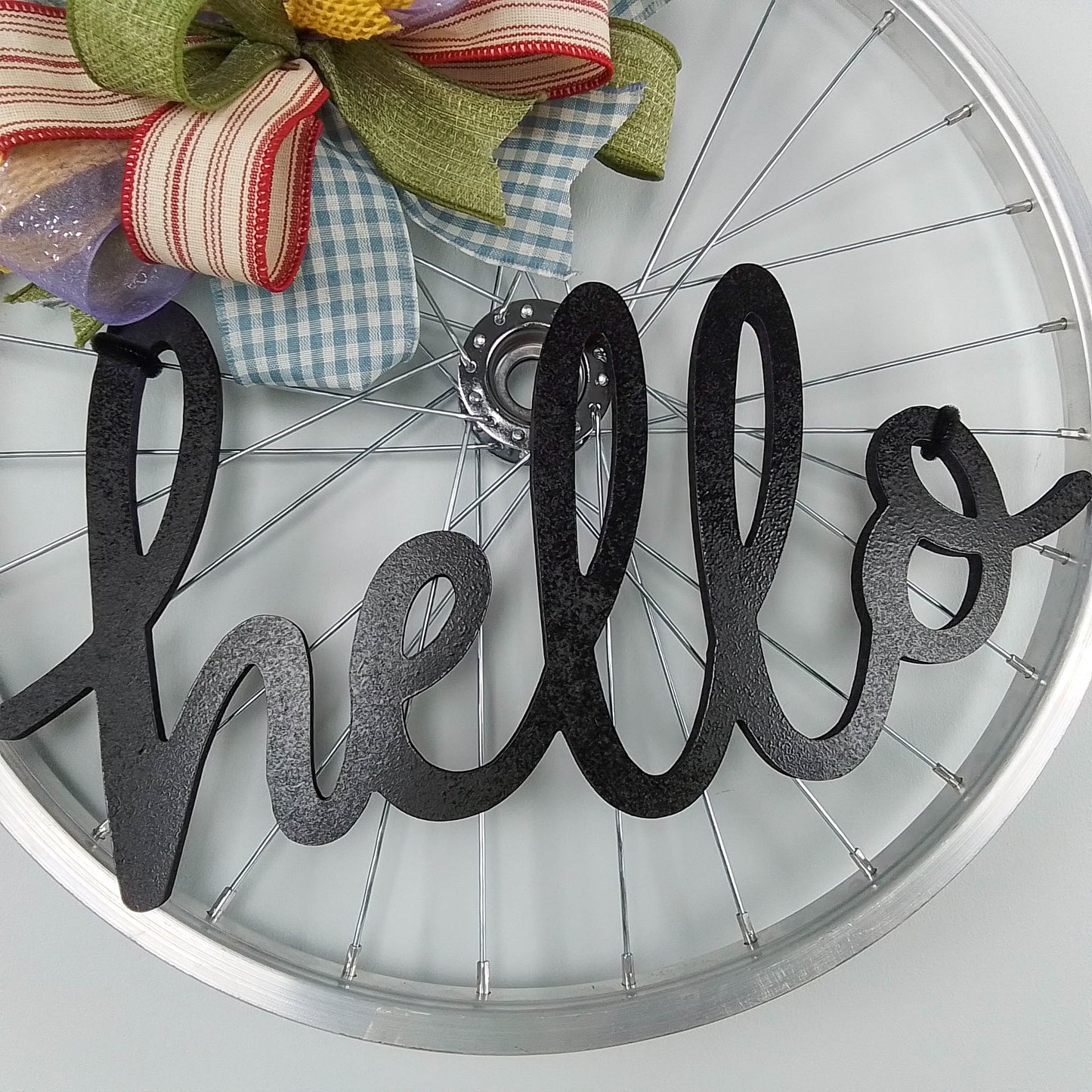Farmhouse Bike Rim Door Hanger - Farmhouse Round Front Porch Decor - Fun Decorations for door