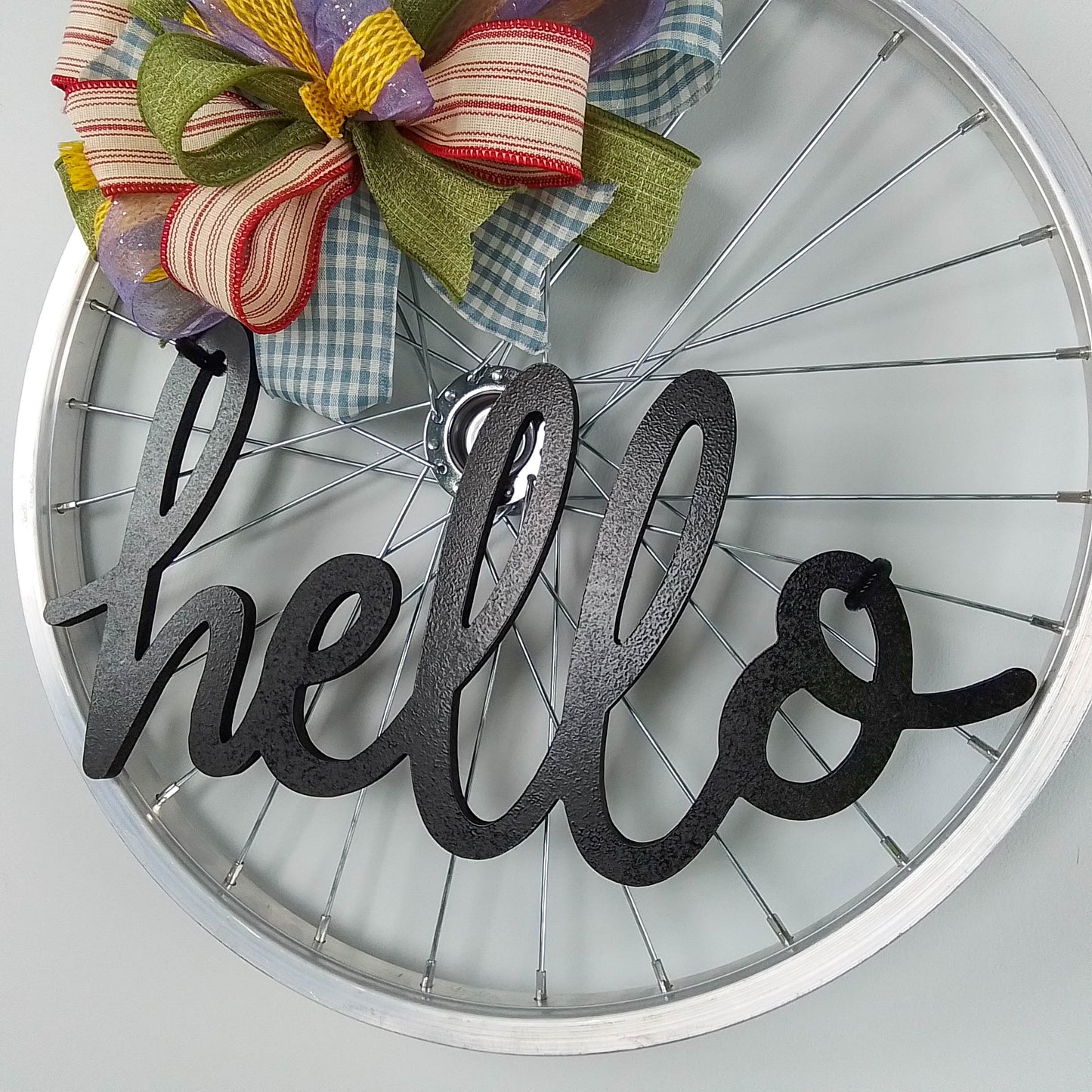 Farmhouse Bike Rim Door Hanger - Farmhouse Round Front Porch Decor - Fun Decorations for door