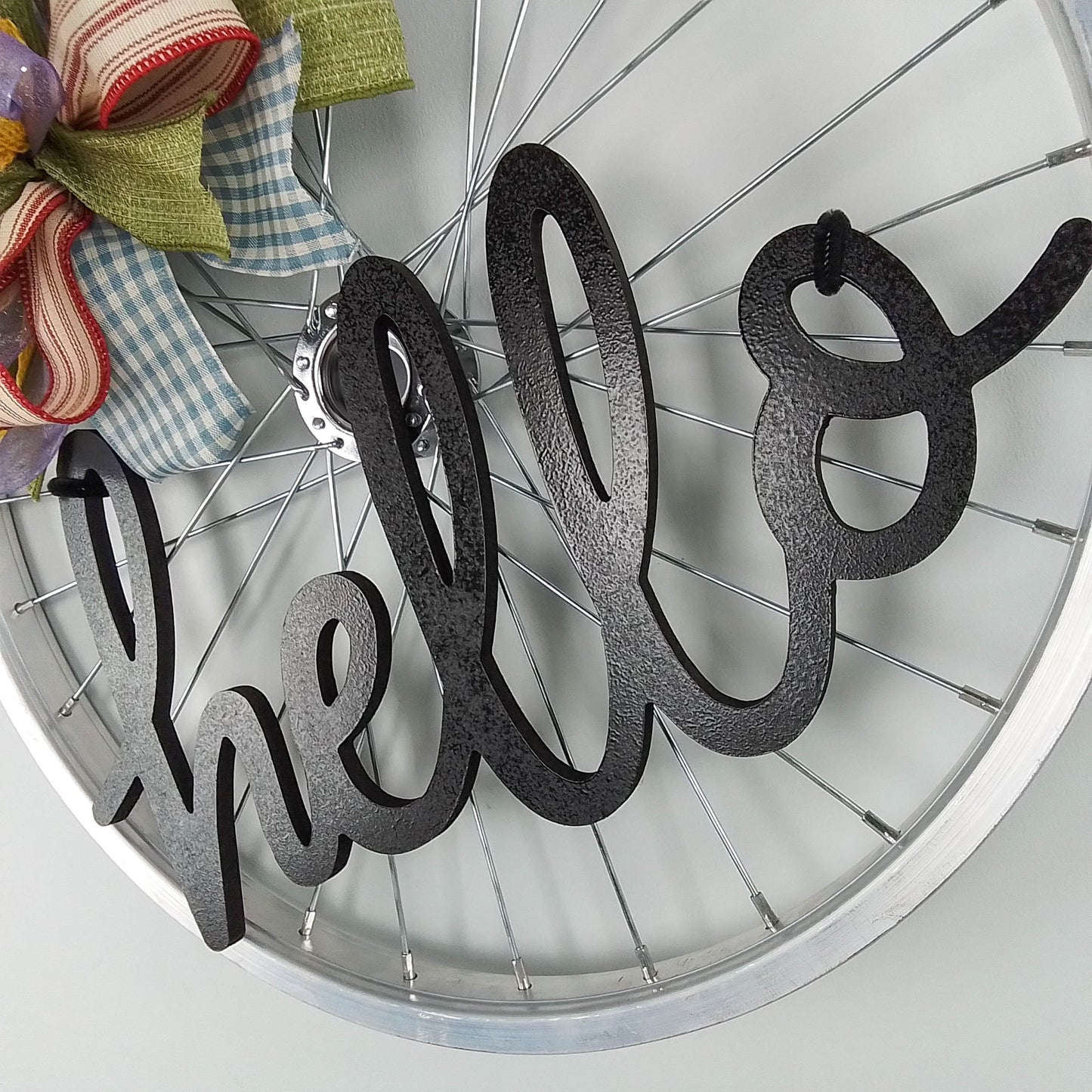 Farmhouse Bike Rim Door Hanger - Farmhouse Round Front Porch Decor - Fun Decorations for door