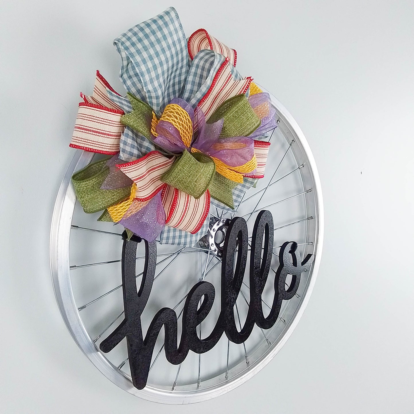 Farmhouse Bike Rim Door Hanger - Farmhouse Round Front Porch Decor - Fun Decorations for door