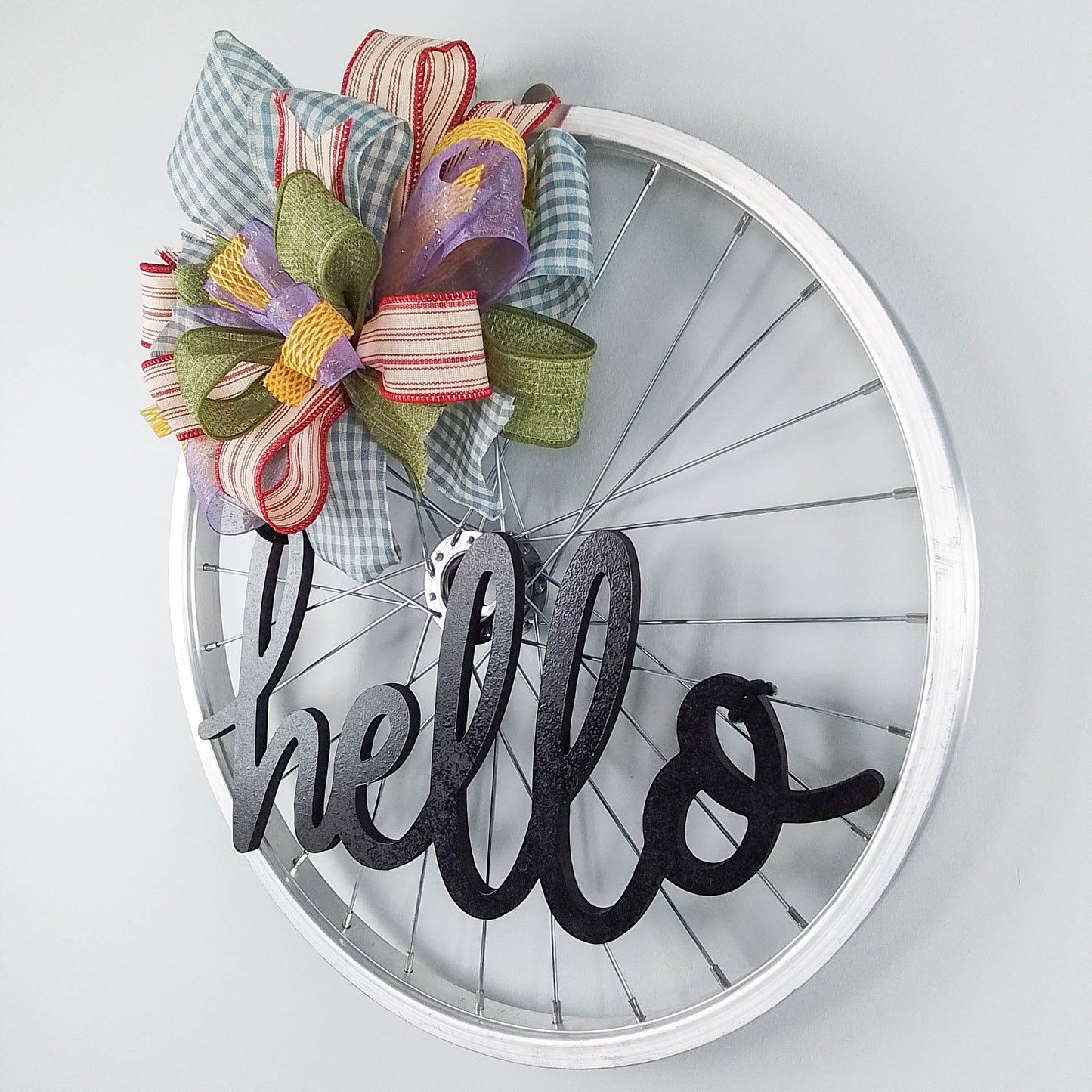 Farmhouse Bike Rim Door Hanger - Farmhouse Round Front Porch Decor - Fun Decorations for door
