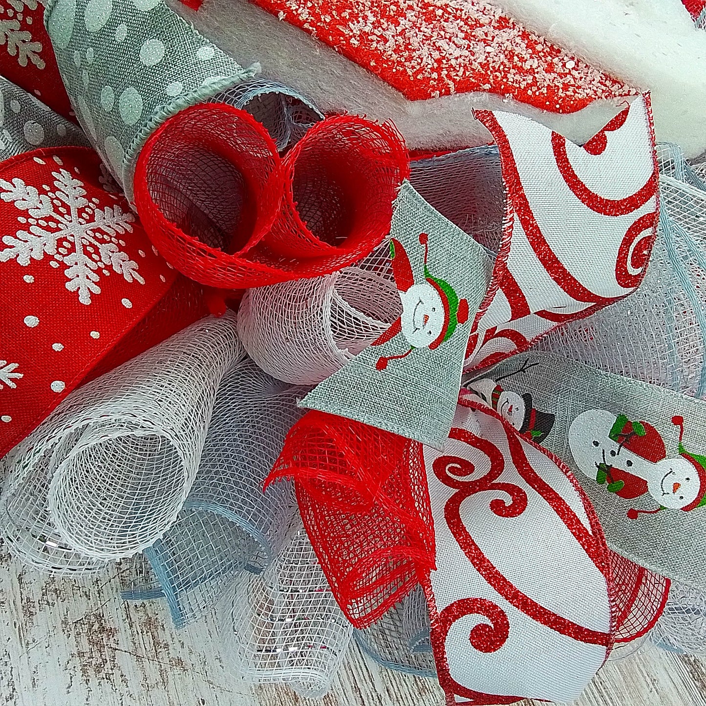 Snowman Front Door Wreath, Red Grey Silver White