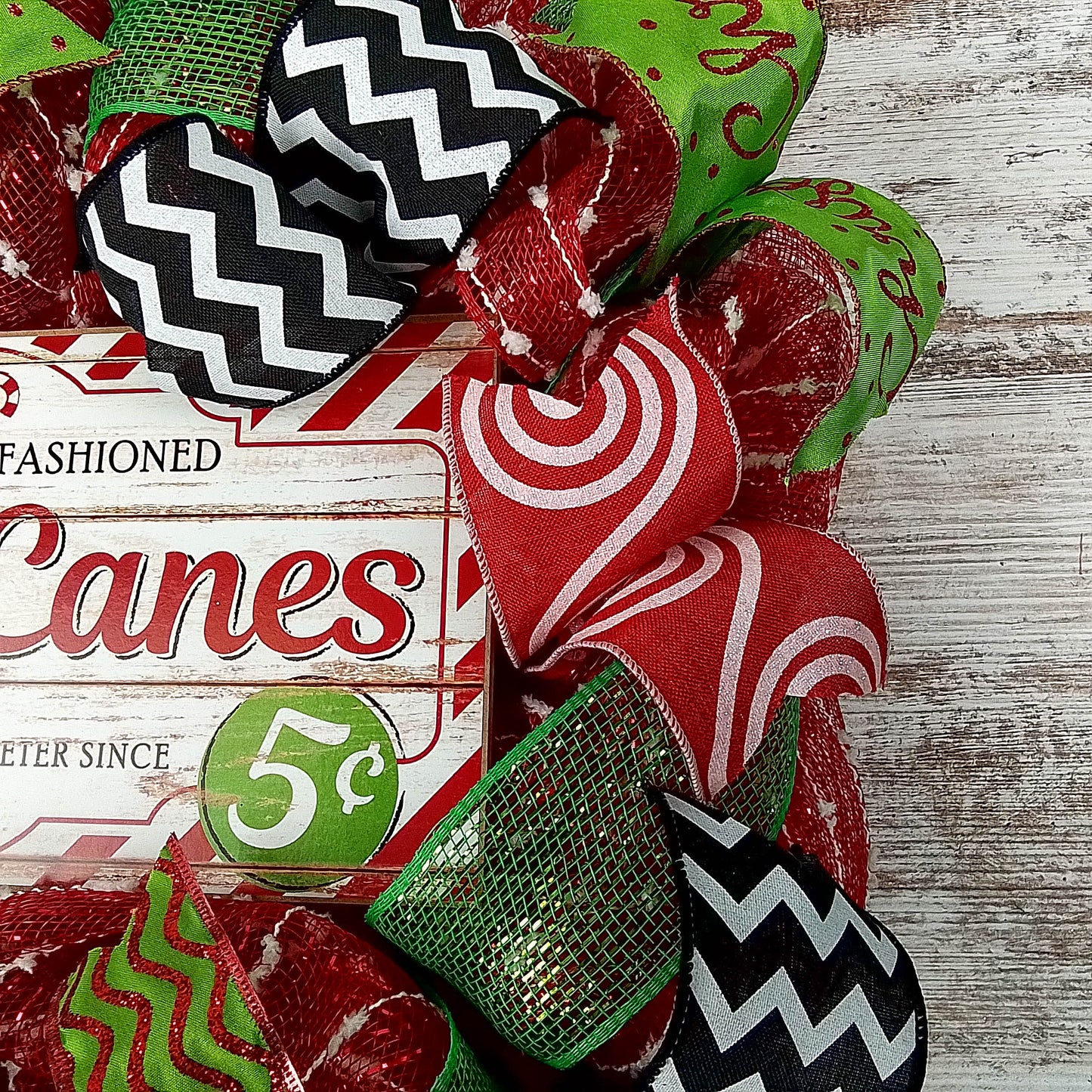Peppermint Christmas Wreath - Holiday Front Door Decor - Candy Cane Red White Lime Green Black Mesh Decoration
