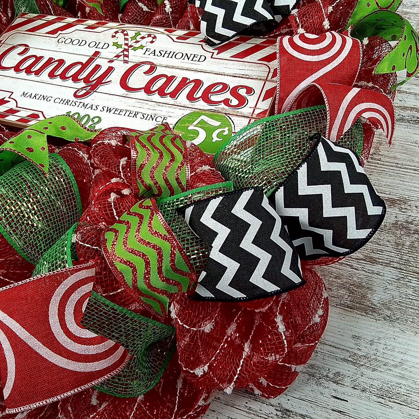 Peppermint Christmas Wreath - Holiday Front Door Decor - Candy Cane Red White Lime Green Black Mesh Decoration