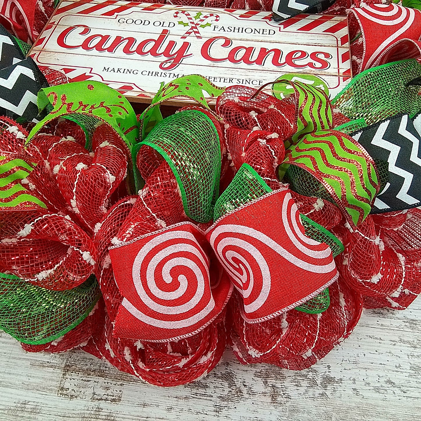 Peppermint Christmas Wreath - Holiday Front Door Decor - Candy Cane Red White Lime Green Black Mesh Decoration