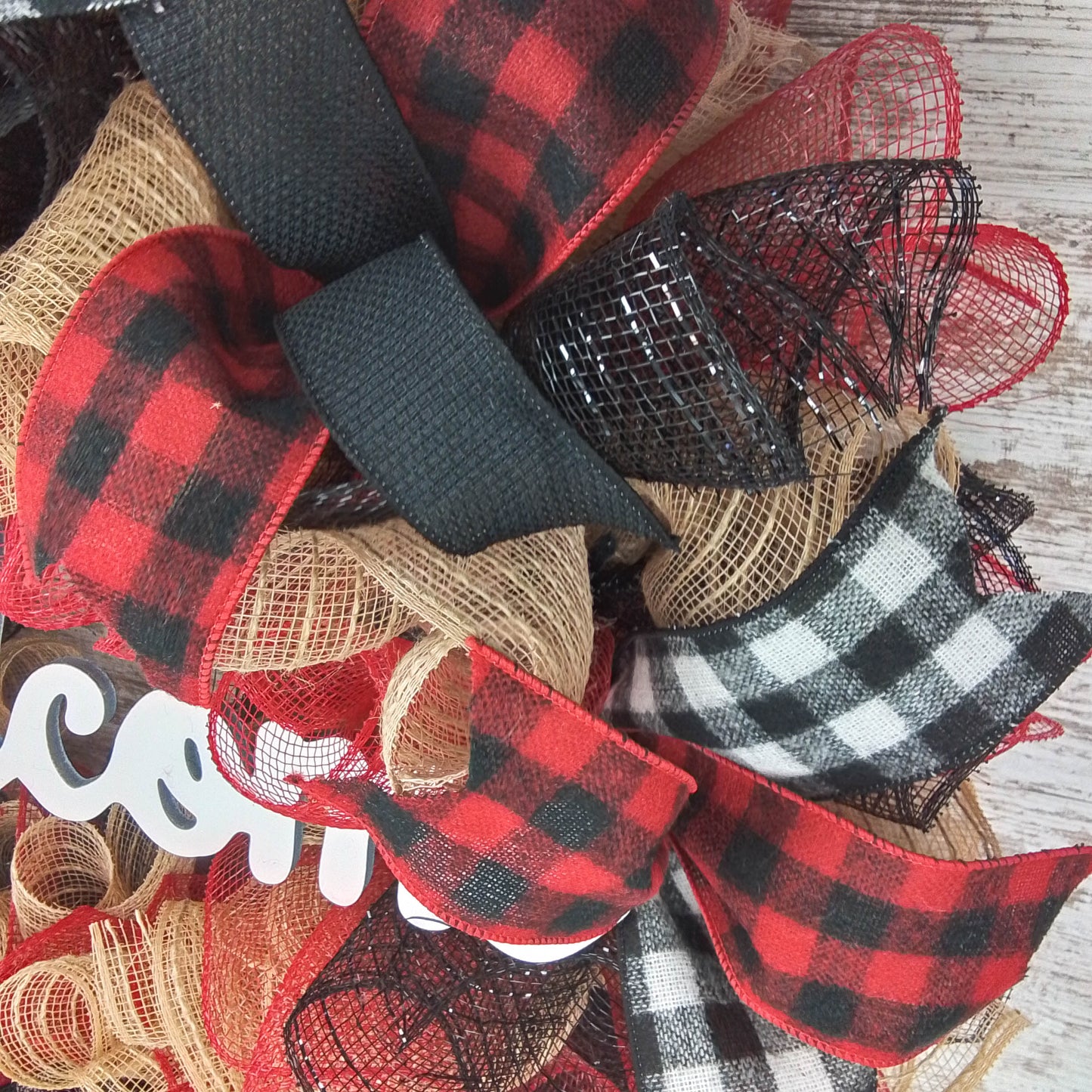 Buffalo Plaid Check Wreath - Front Door Outdoor Mesh Christmas Decor Red Black Burlap
