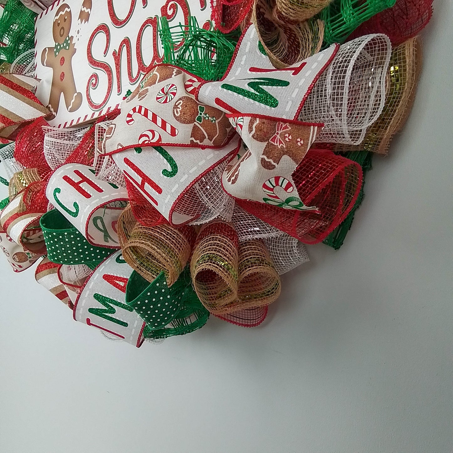 Oh Snap Gingerbread Wreath - Outdoor Christmas Wreath | Mesh Front Door Wreath | Red Brown White Green