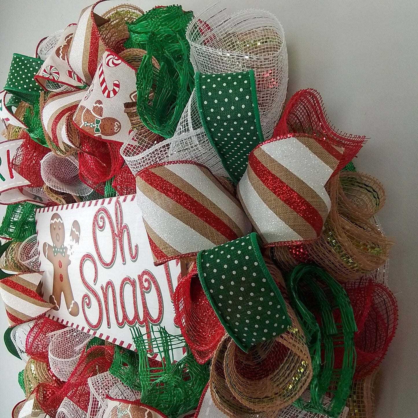 Oh Snap Gingerbread Wreath - Outdoor Christmas Wreath | Mesh Front Door Wreath | Red Brown White Green
