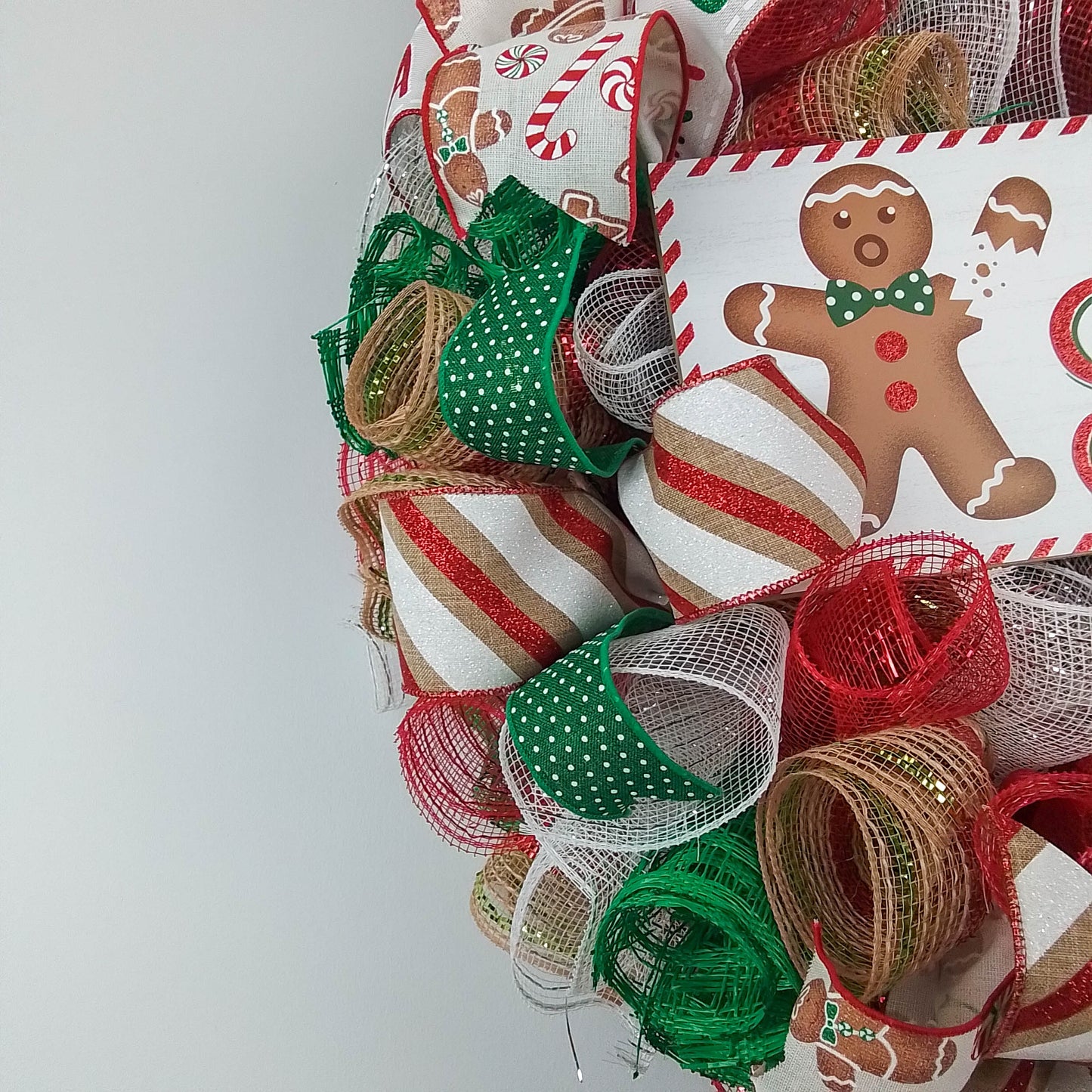 Oh Snap Gingerbread Wreath - Outdoor Christmas Wreath | Mesh Front Door Wreath | Red Brown White Green