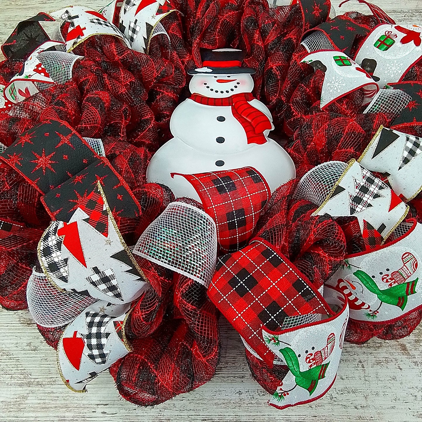 Snowman Wreath - Welcome Buffalo Plaid Christmas Mesh Front Door Wreath