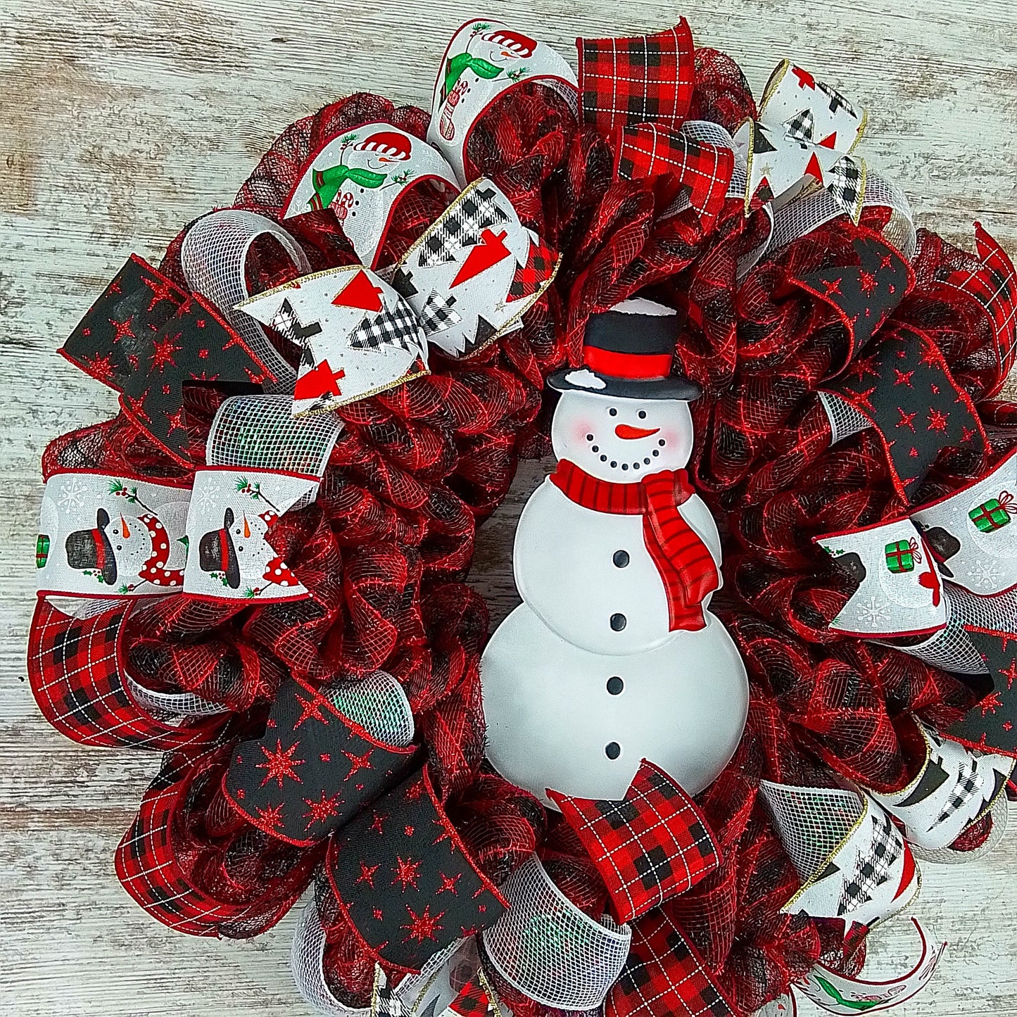 Snowman Wreath - Welcome Buffalo Plaid Christmas Mesh Front Door Wreath