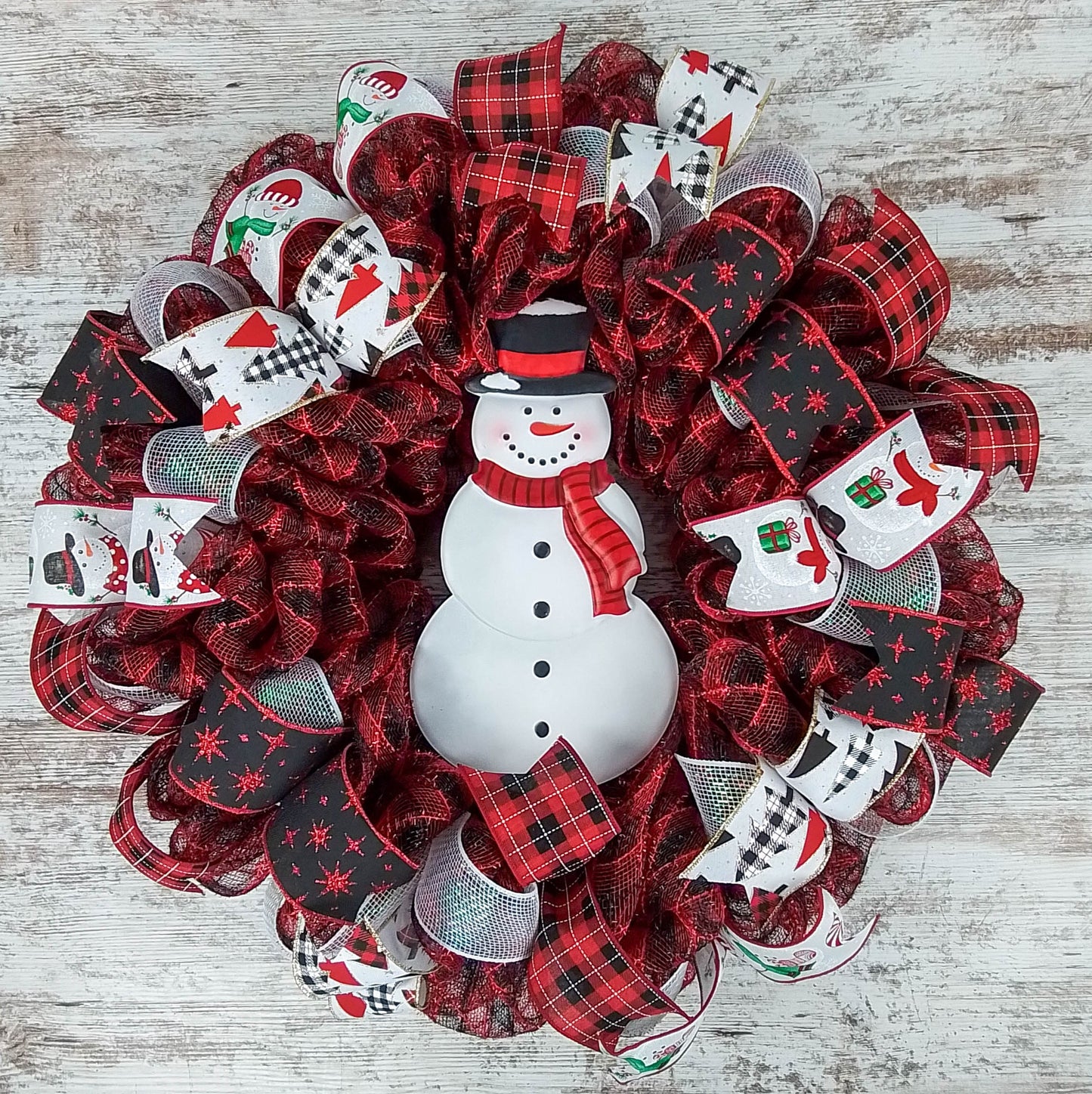 Snowman Wreath - Welcome Buffalo Plaid Christmas Mesh Front Door Wreath