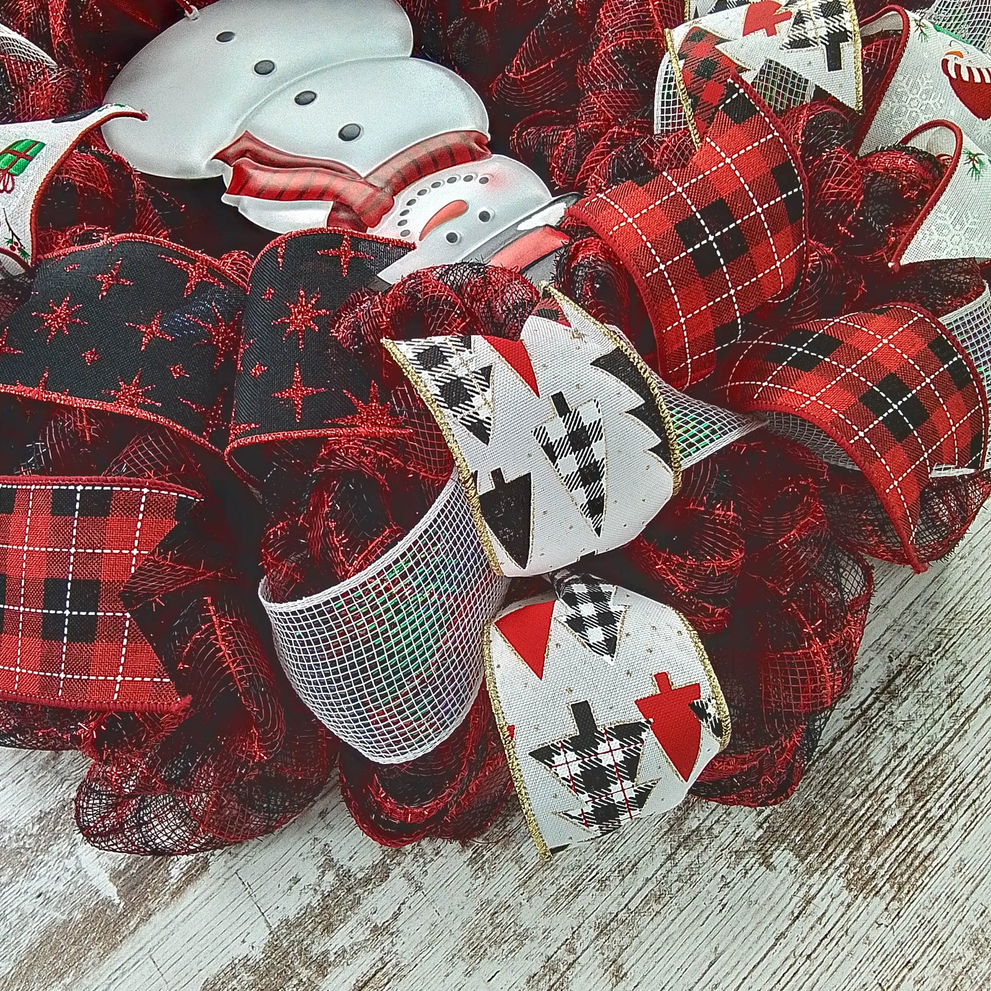 Snowman Wreath - Welcome Buffalo Plaid Christmas Mesh Front Door Wreath