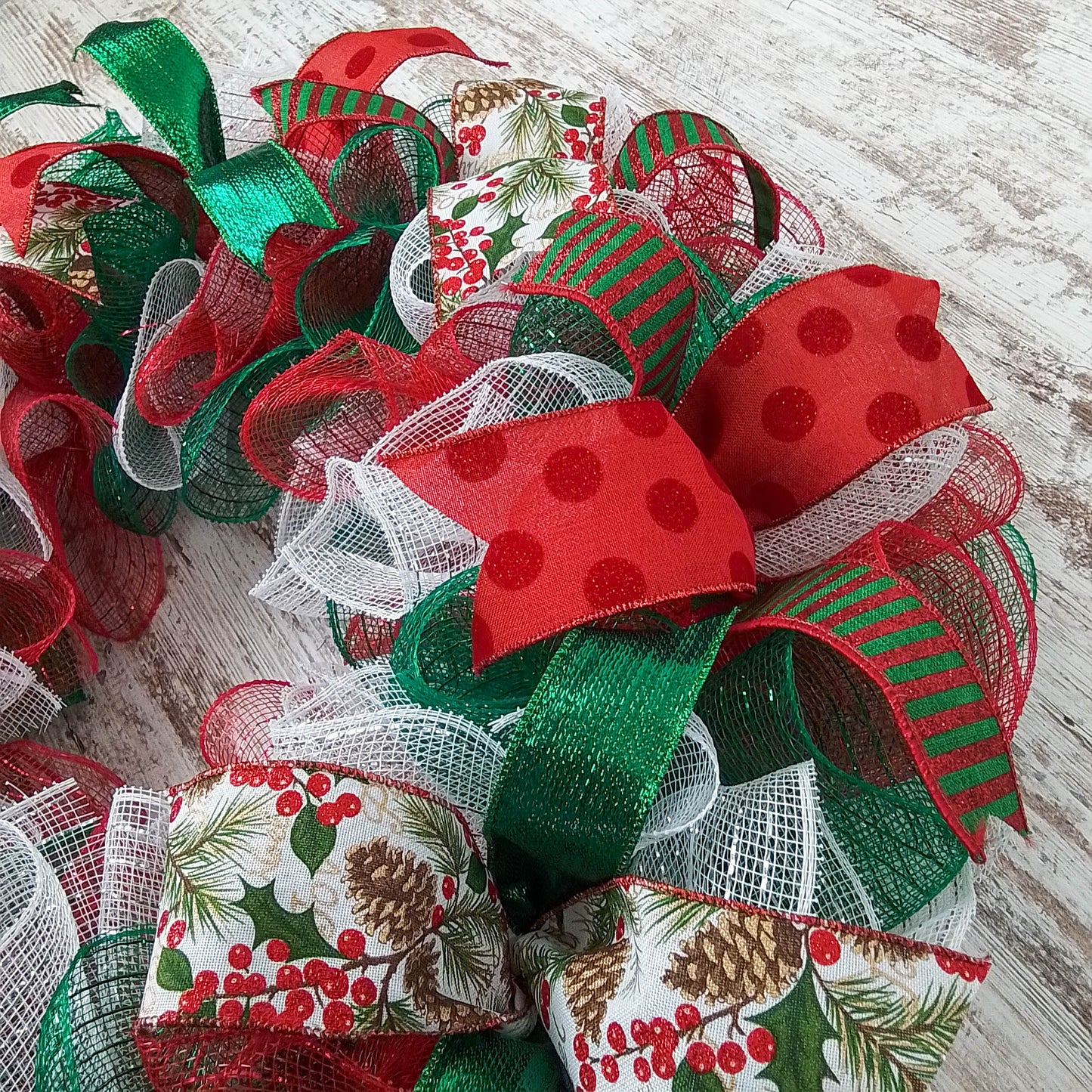 Christmas Wreath | Holiday Mesh Front Door Wreath | Red White Emerald Green