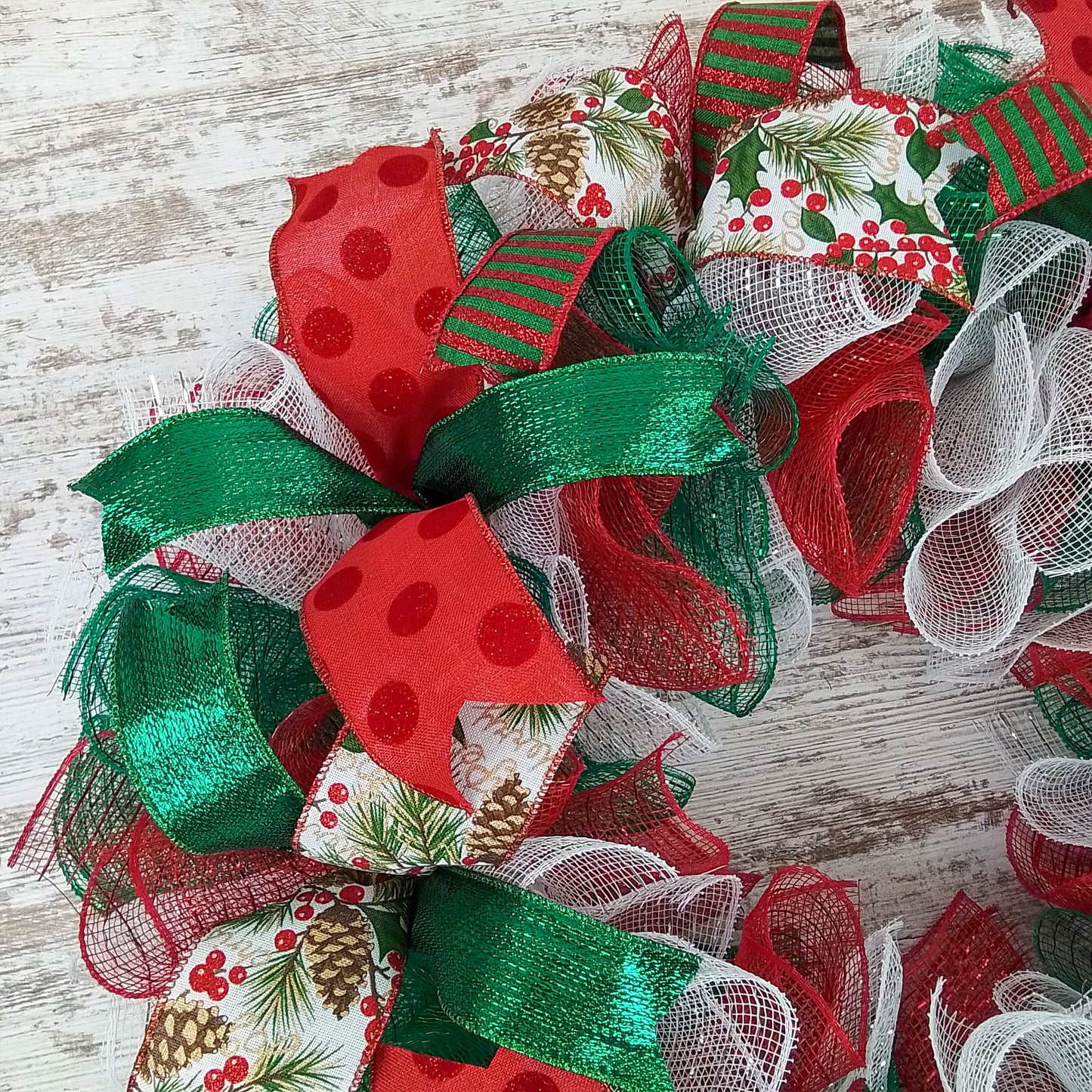Christmas Wreath | Holiday Mesh Front Door Wreath | Red White Emerald Green