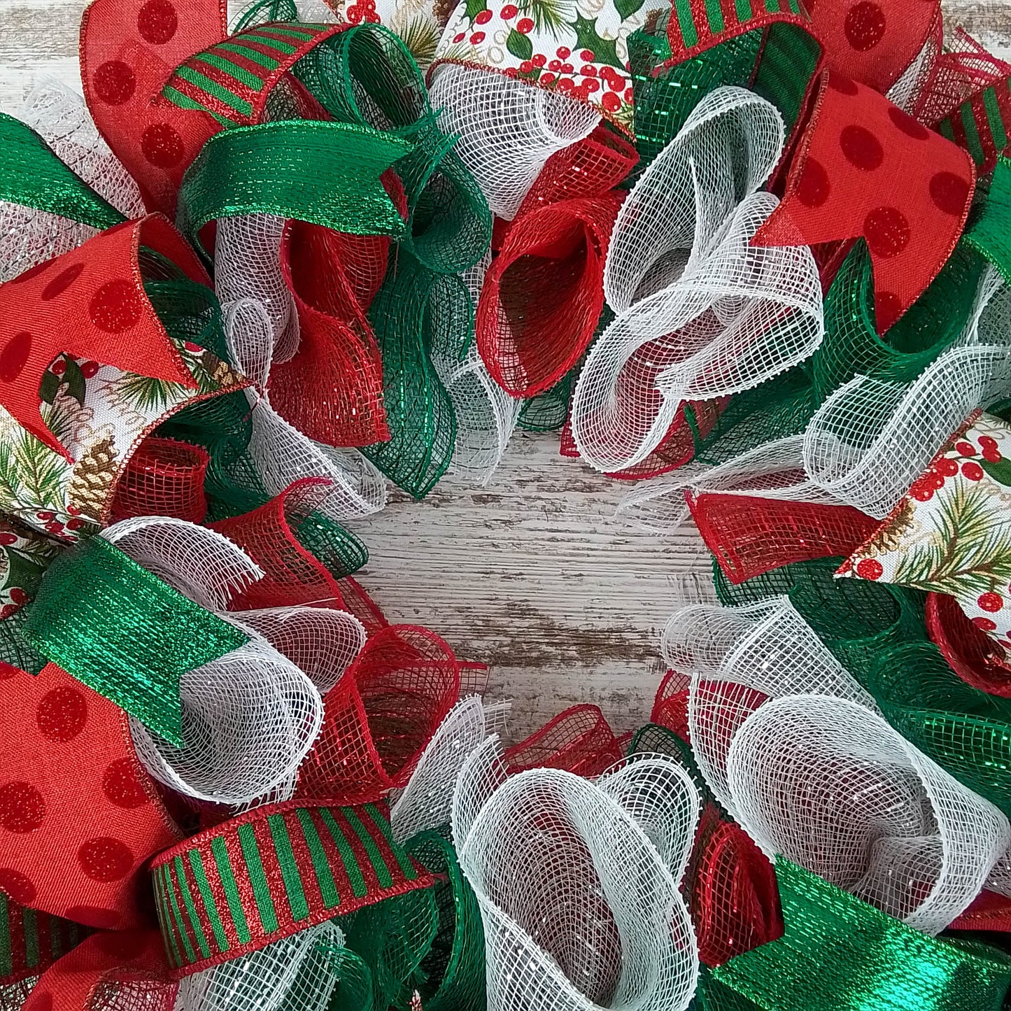 Christmas Wreath | Holiday Mesh Front Door Wreath | Red White Emerald Green