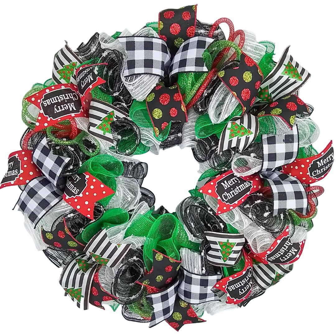 Festive Red, Green & White Christmas Wreath, Seasonal Decor