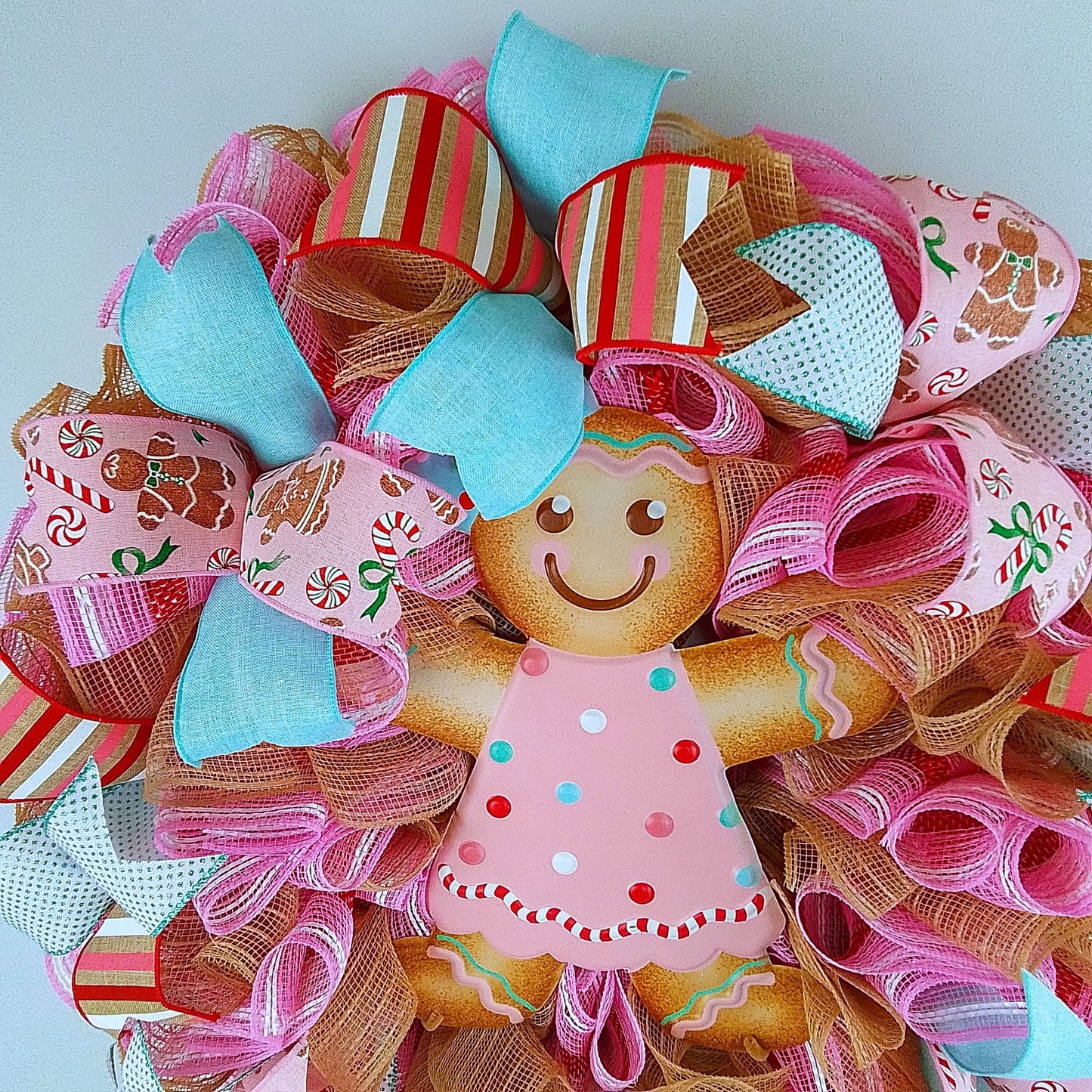 Pink Gingerbread Wreath - Christmas Outdoor Holiday Wreath - Mesh Front Door Wreath - Turquoise Red Brown White Green
