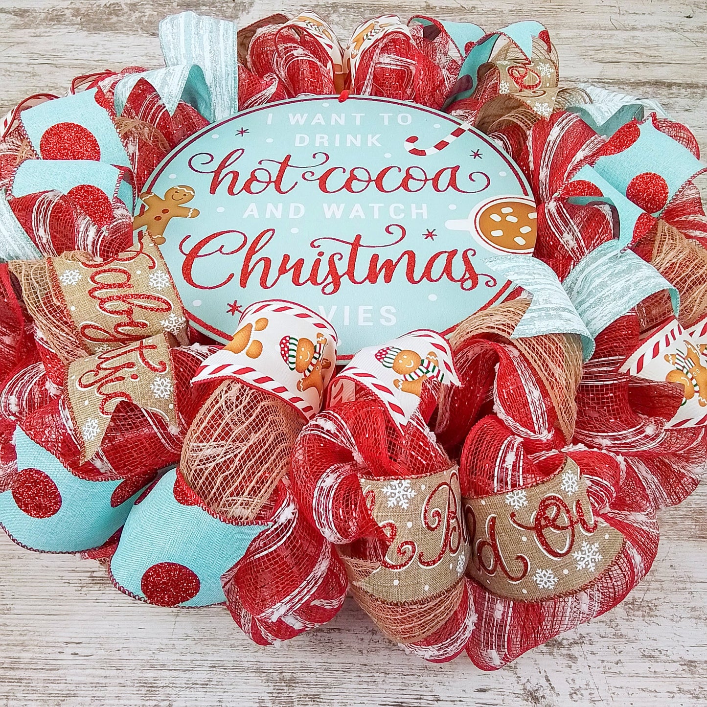 Christmas Cookies Gingerbread Wreath - Outdoor Holiday Wreath - Mesh Front Door Wreath - Turquoise Red Brown White Green
