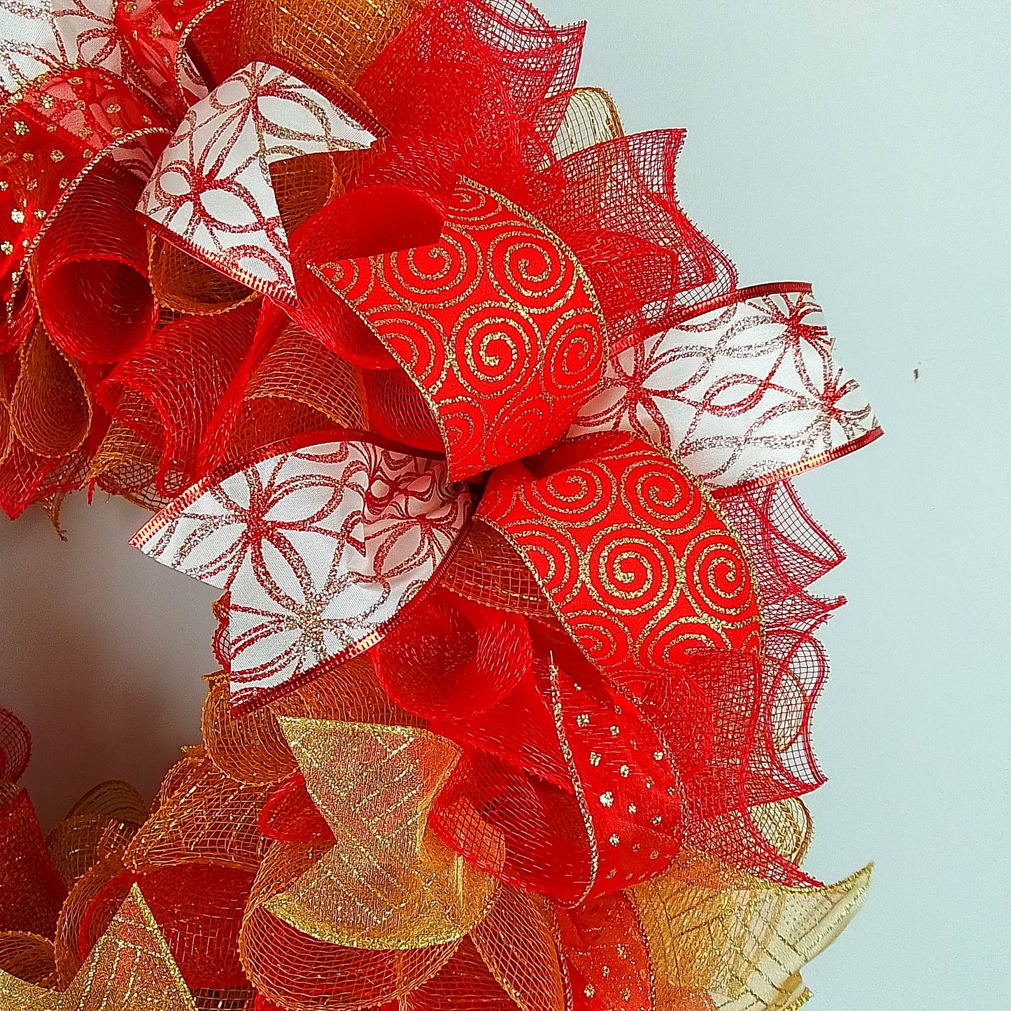 Red and Gold Mesh Christmas Front Door Wreath