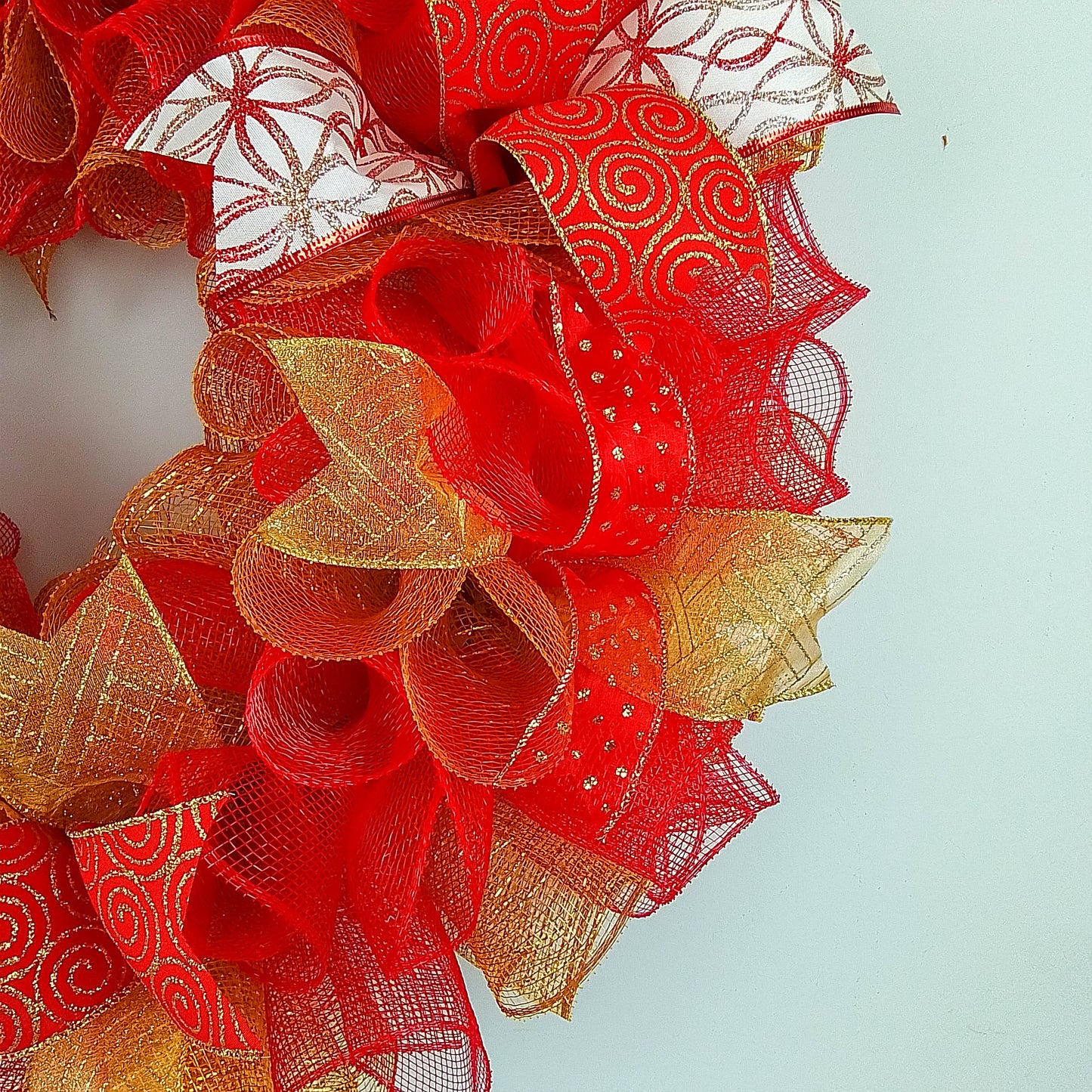 Red and Gold Mesh Christmas Front Door Wreath