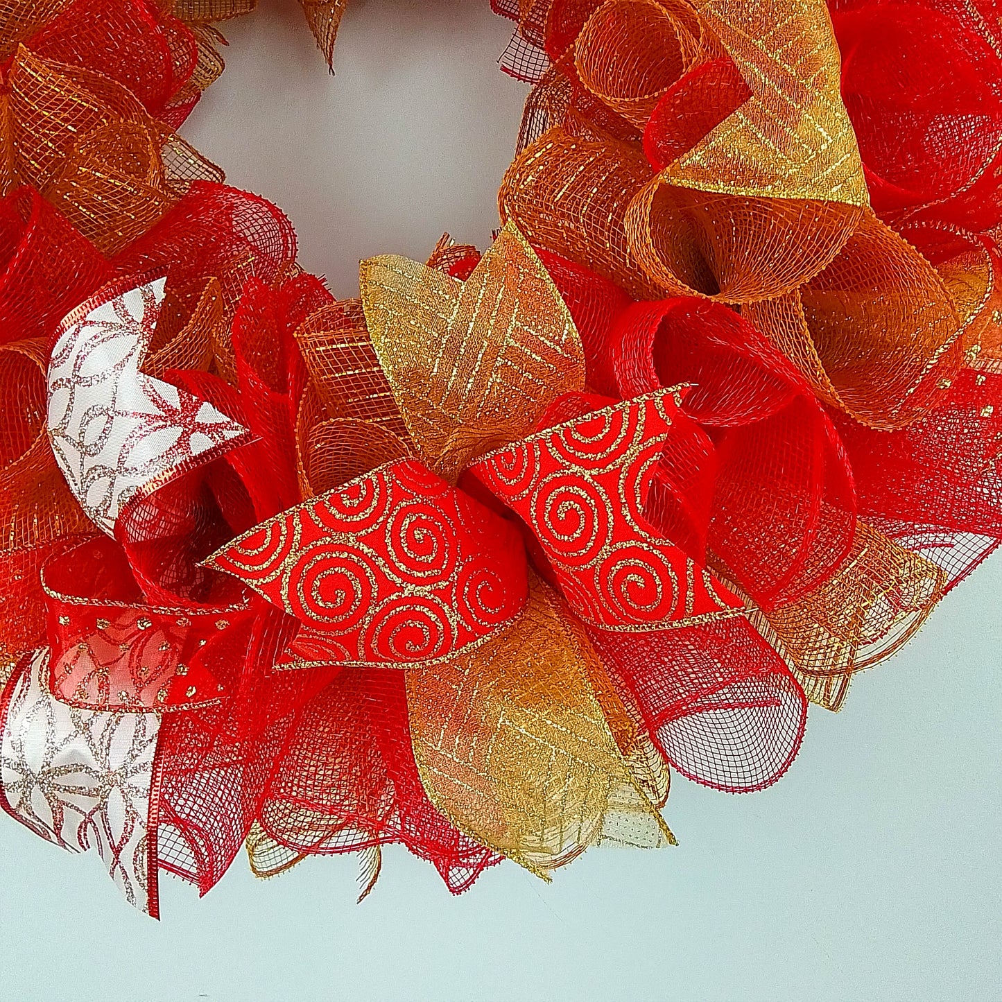 Red and Gold Mesh Christmas Front Door Wreath