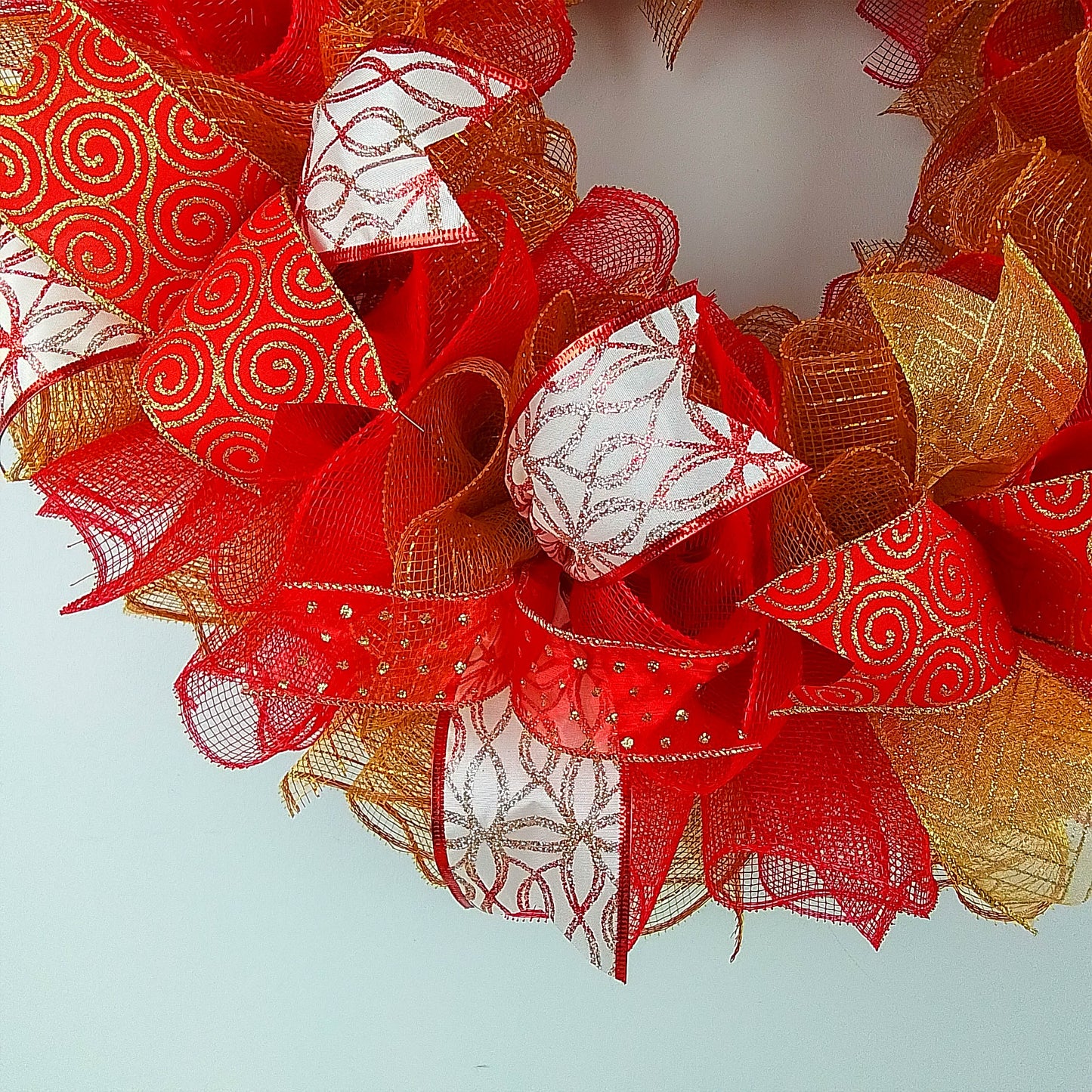 Red and Gold Mesh Christmas Front Door Wreath