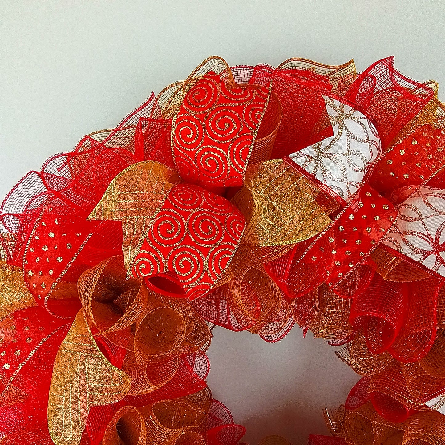 Red and Gold Mesh Christmas Front Door Wreath