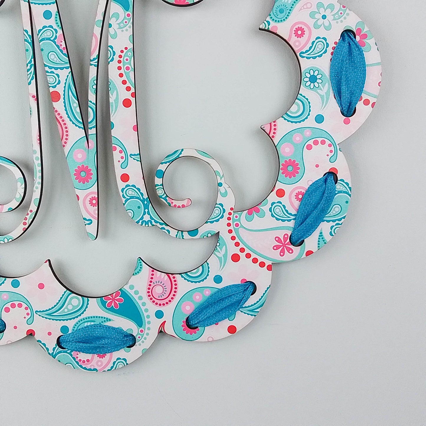 Personalized Birch Wood Door Hanger, Pastel Paisley Design, Letter Accent