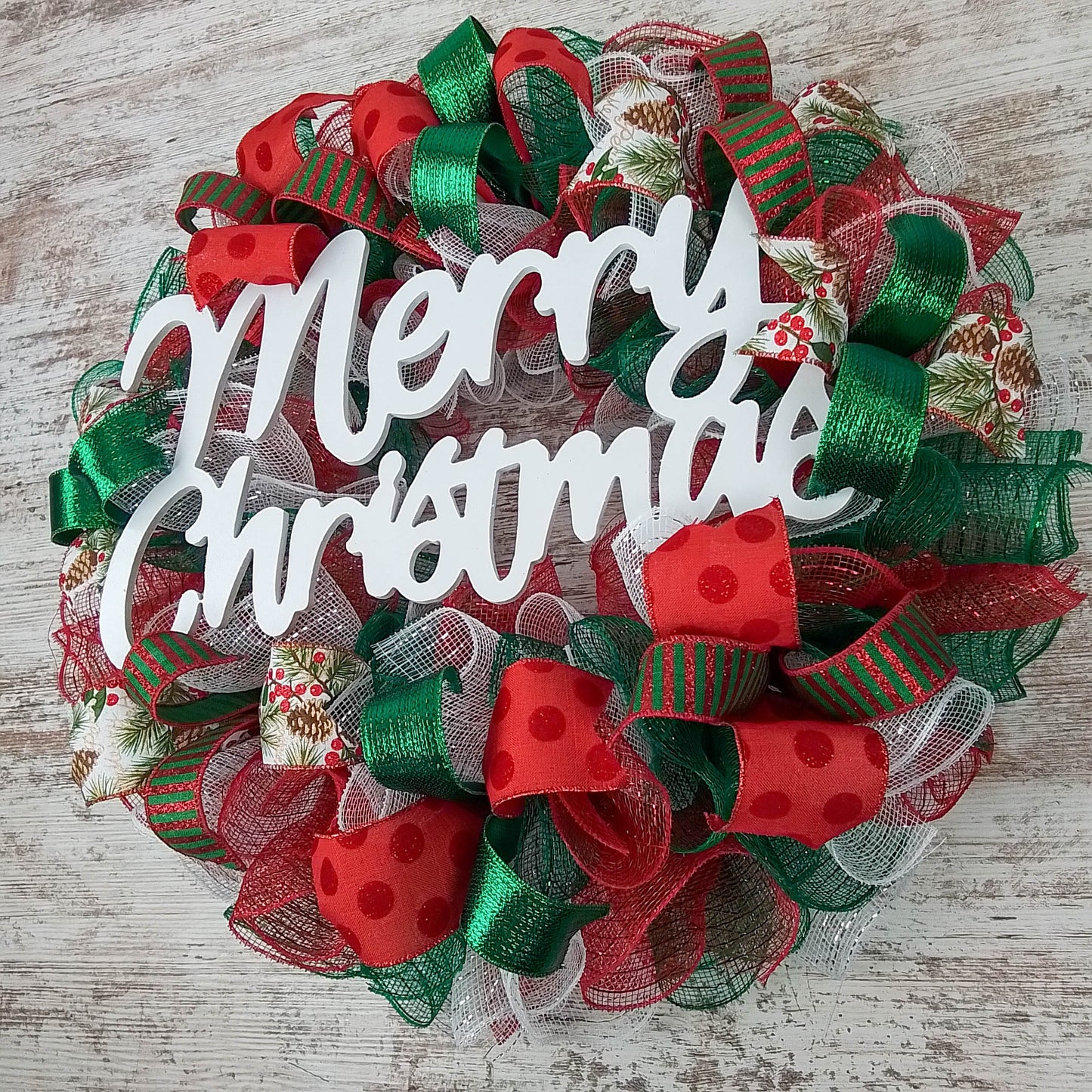 Christmas Wreath | Holiday Mesh Front Door Wreath | Red White Emerald Green