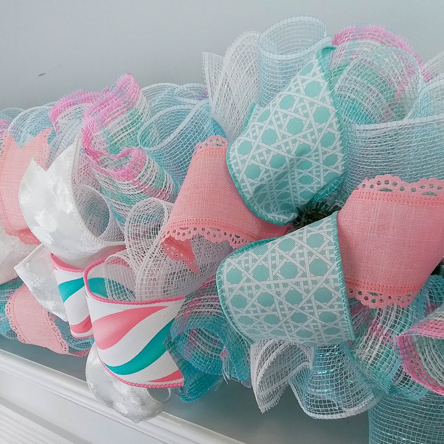 Pastel Pink Garland, Burlap and Deco Mesh Decor, Festive Ribbon Home Decoration