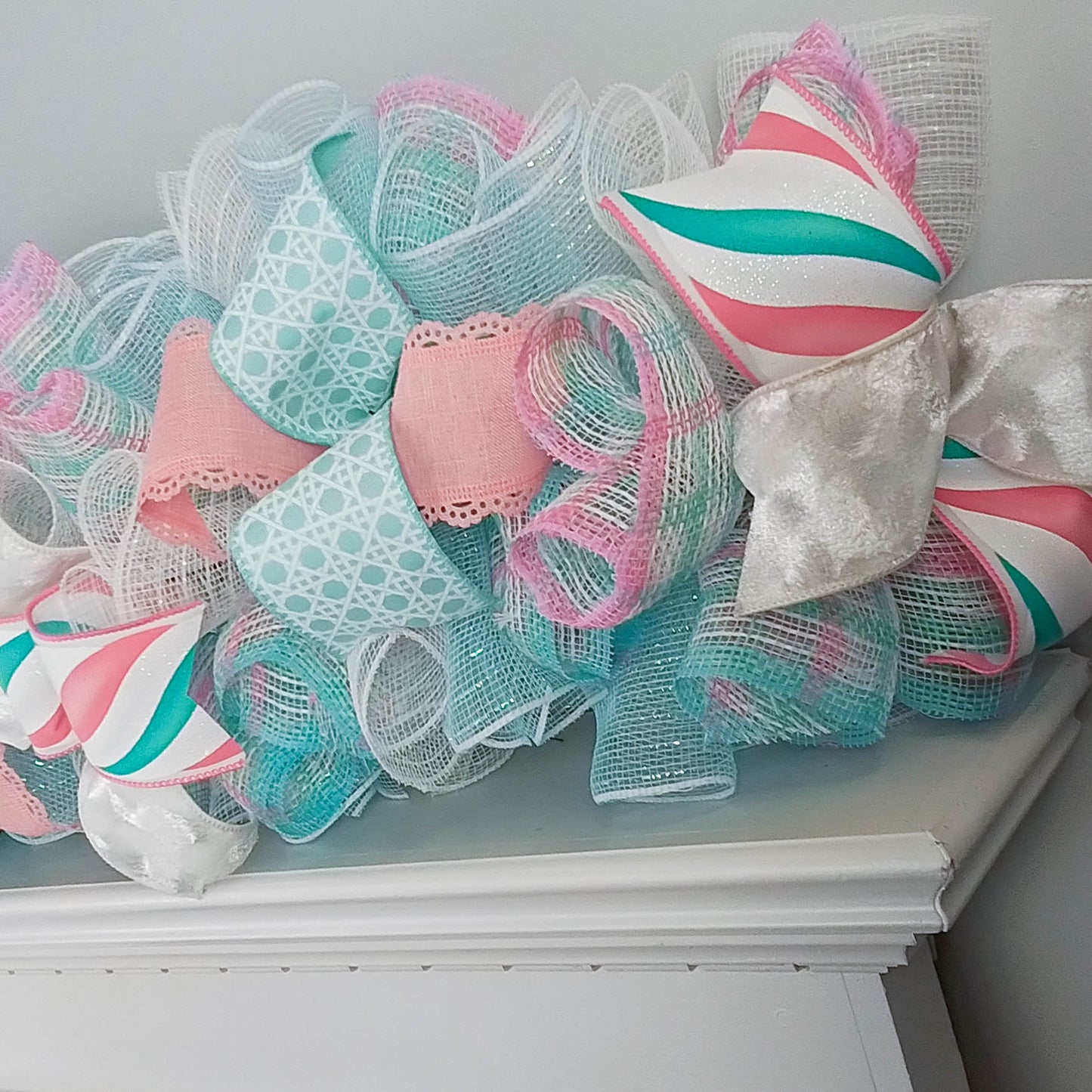 Pastel Pink Garland, Burlap and Deco Mesh Decor, Festive Ribbon Home Decoration